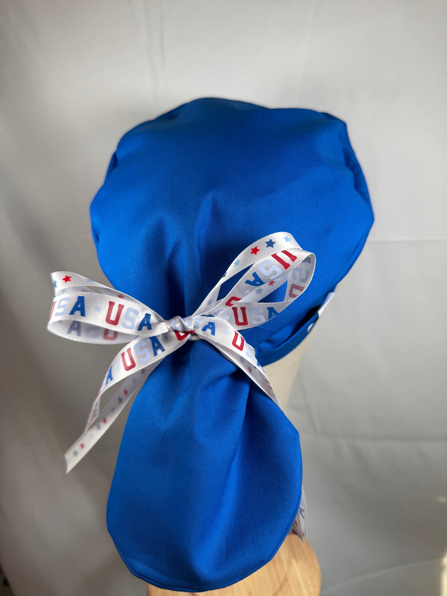 USA Ribbon Pony Tail Scrub Cap in Red or Blue Fabric - Satin Lining Available