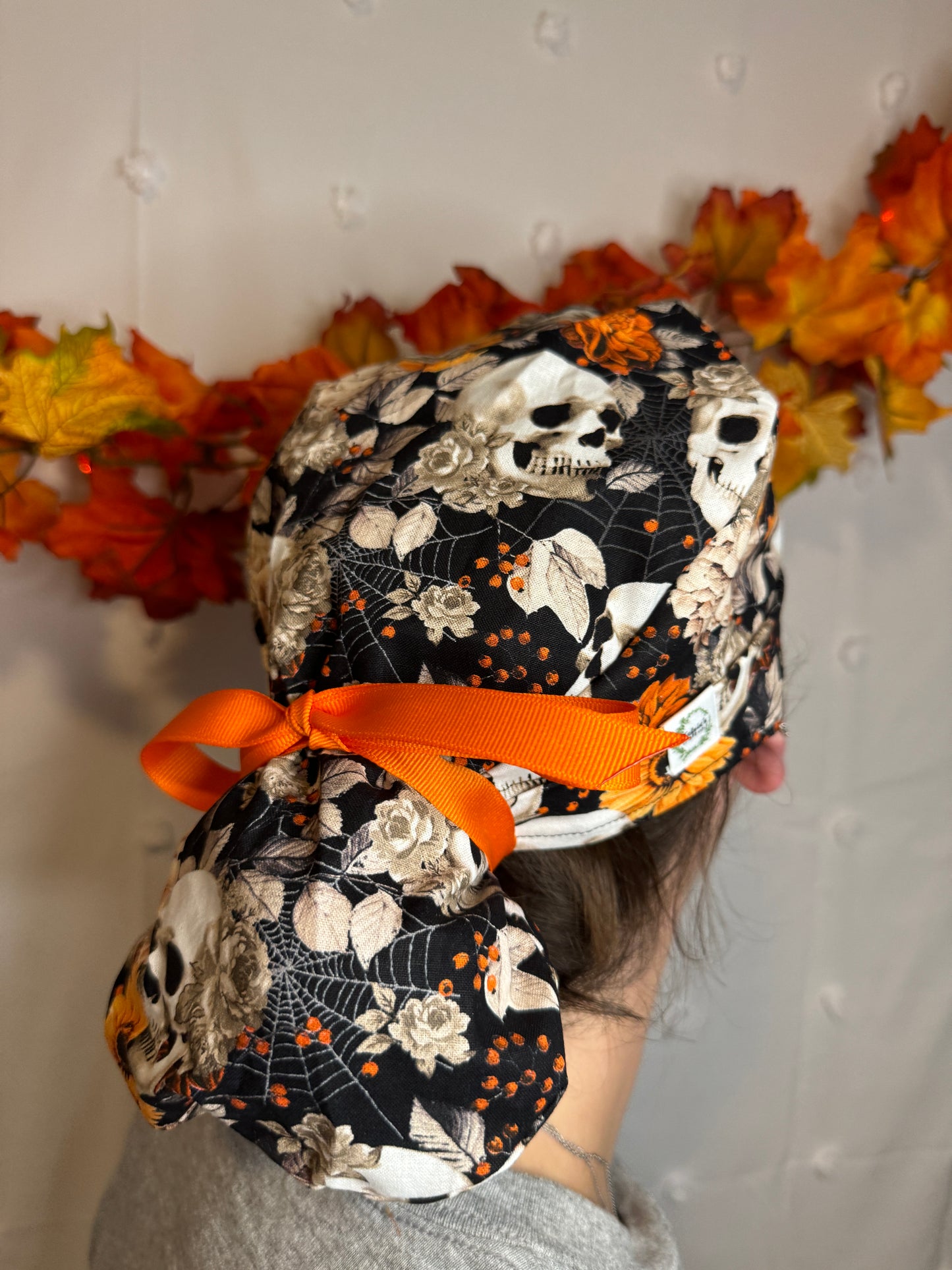 Orange & Black Skulls & Floral Scrub Cap - Satin Lining Available - Multiple Styles