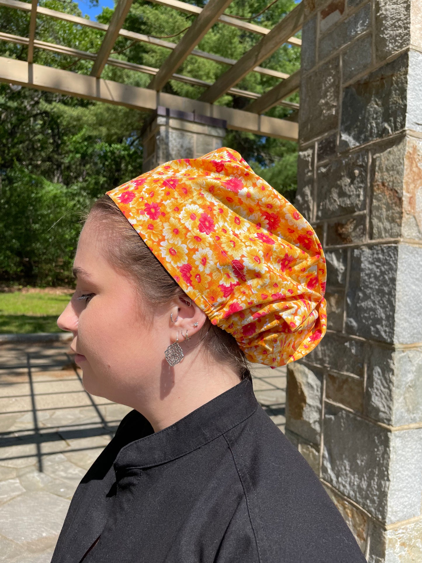 Orange Floral Scrub Cap - Satin Lining Available - Multiple Styles