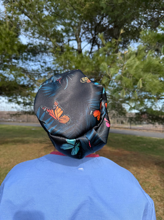 Butterflies With Palm on Dark Satin Textured Charmeuse Scrub Cap - European Style