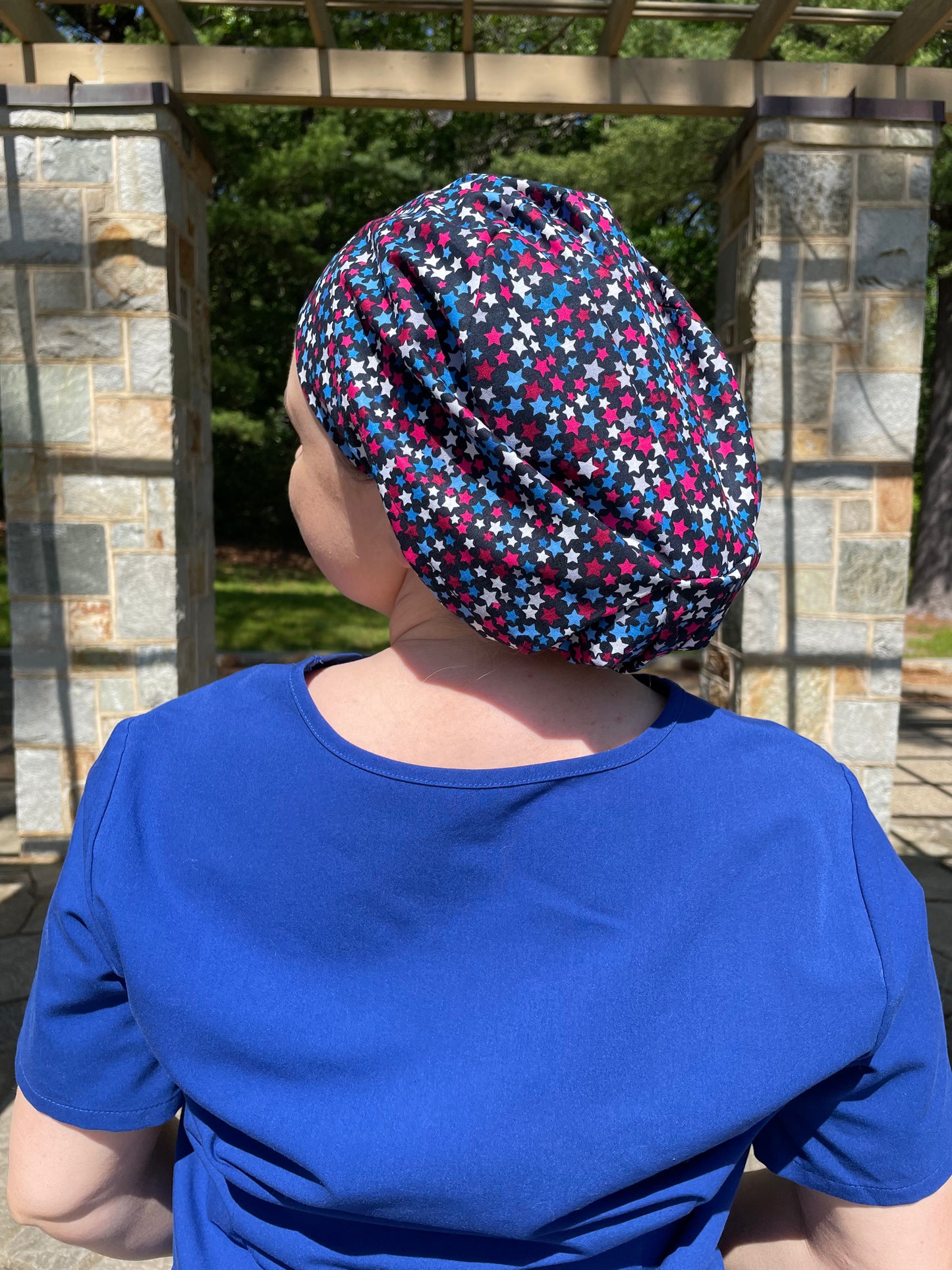 Magenta, Blue & White Stars Scrub Cap - Satin Lining Available - Multiple Styles