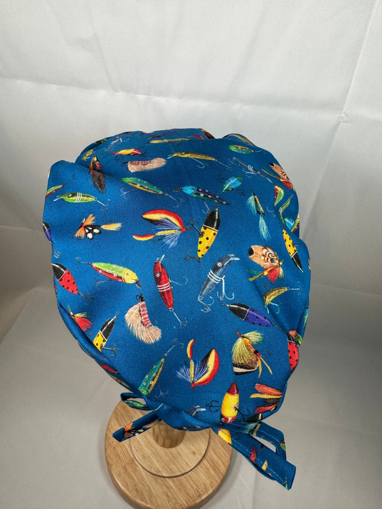 Fishing Lures Blue Scrub Cap - Satin Lining Available - Multiple Styles