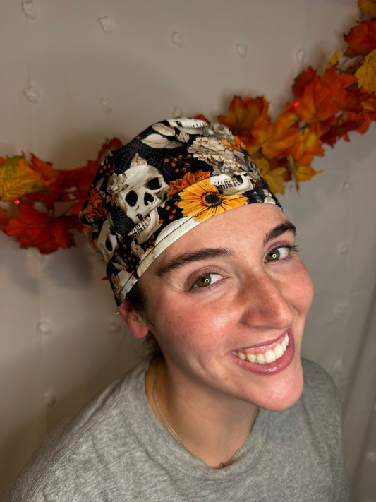 Orange & Black Skulls & Floral Scrub Cap - Satin Lining Available - Multiple Styles
