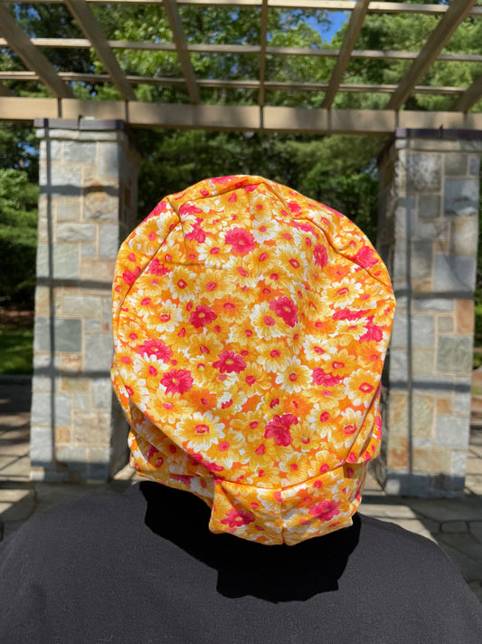 Orange Floral Scrub Cap - Satin Lining Available - Multiple Styles