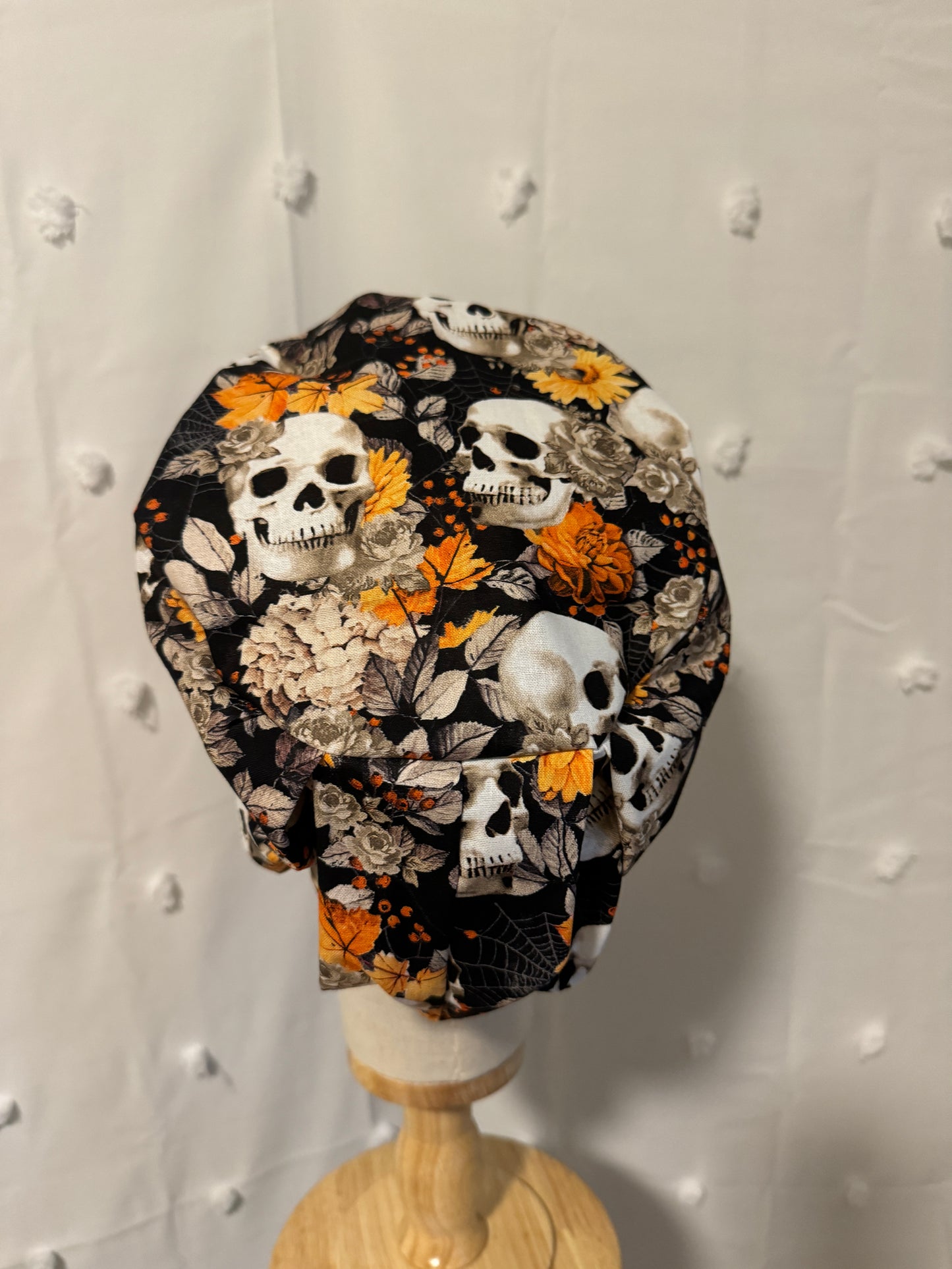 Orange & Black Skulls & Floral Scrub Cap - Satin Lining Available - Multiple Styles