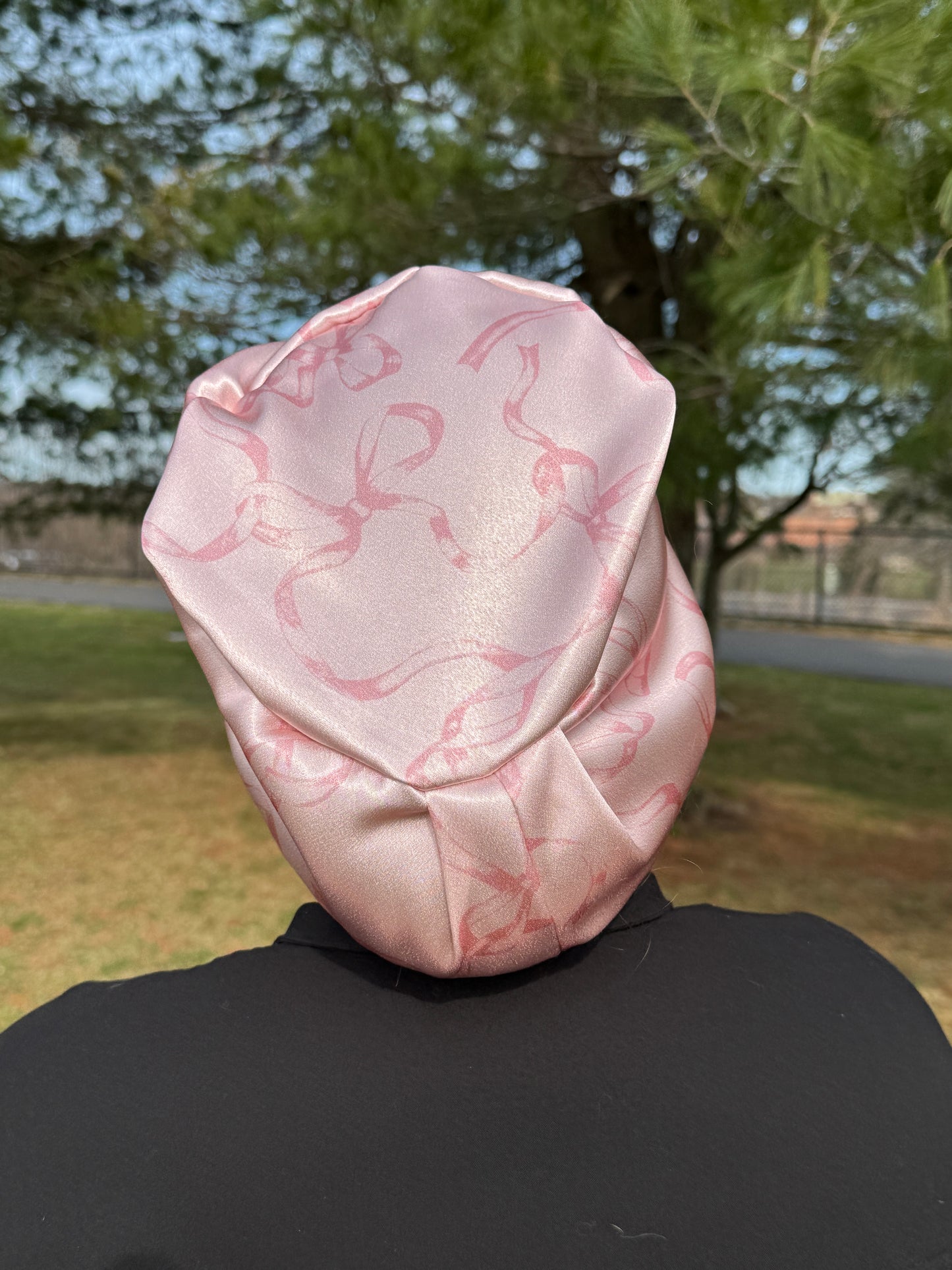 Large Pink Bows Silky Textured Satin Charmeuse Scrub Cap - European Style