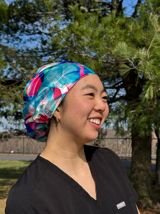 Bright Petals Silky Satin Charmeuse Scrub Cap - European Style