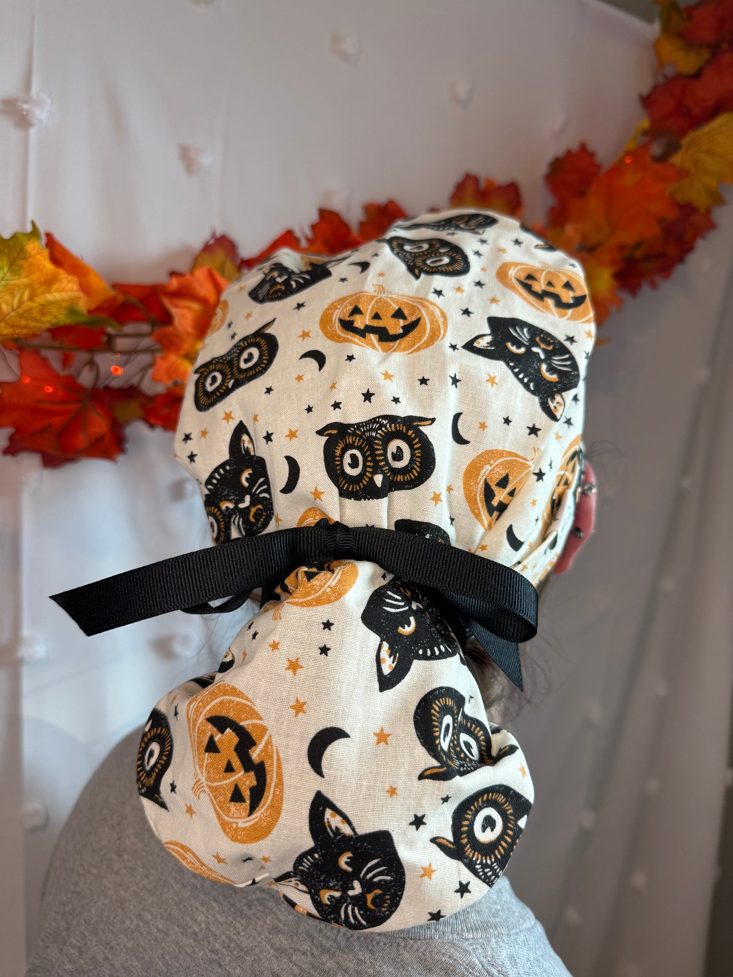 Pumpkin, Cat & Owl On White Scrub Cap - Satin Lining Available - Multiple Styles