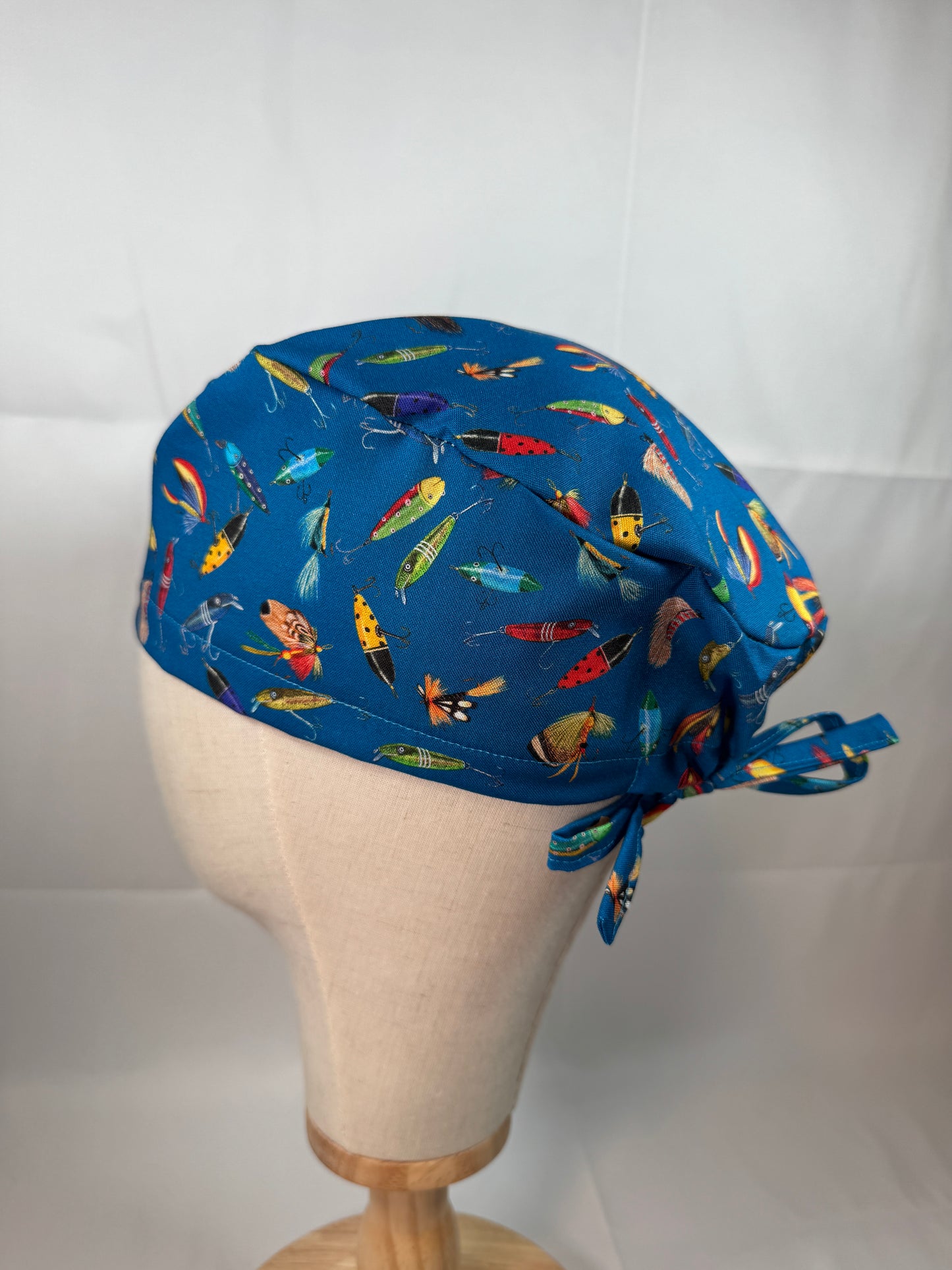 Fishing Lures Blue Scrub Cap - Satin Lining Available - Multiple Styles