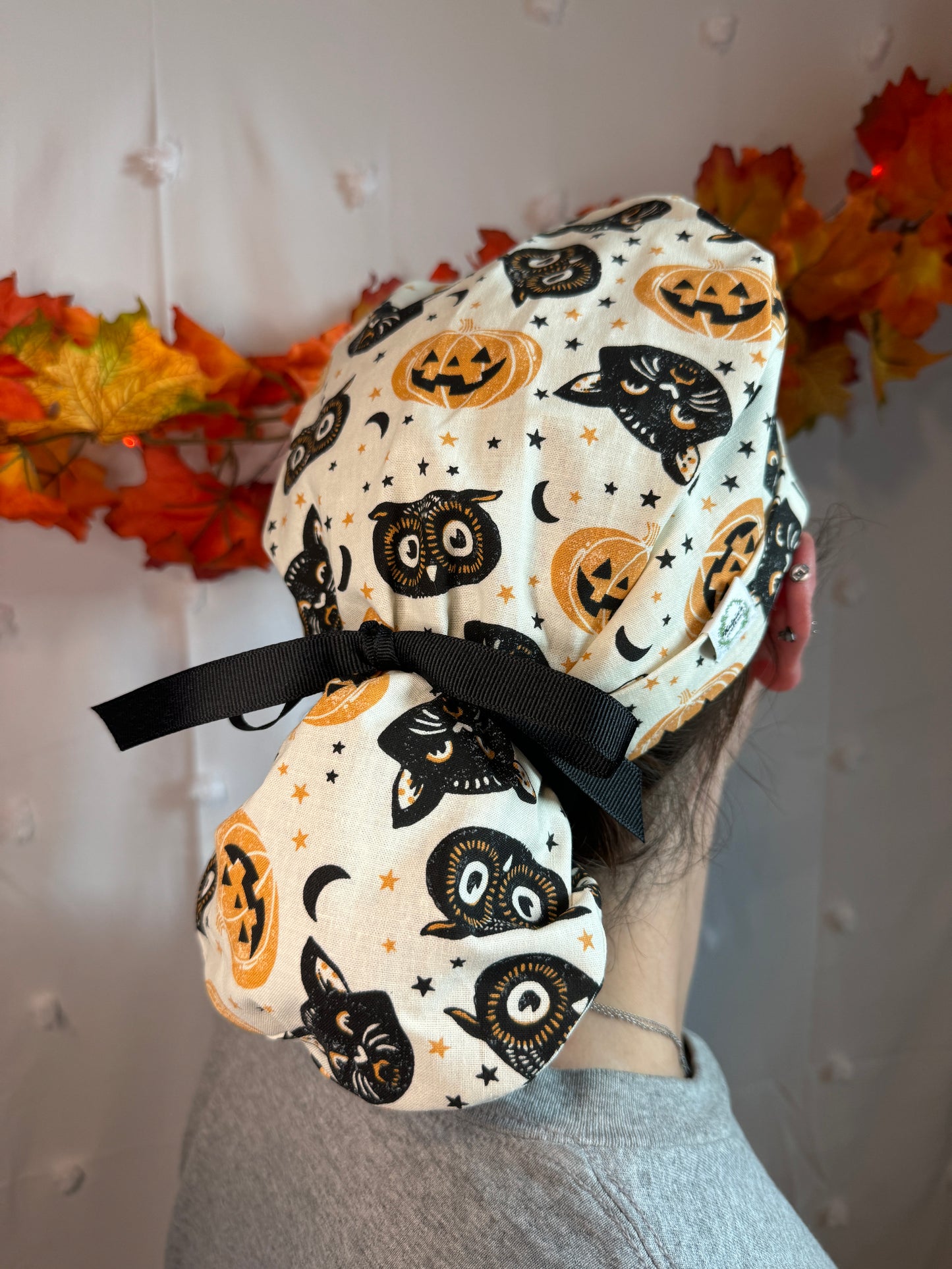 Pumpkin, Cat & Owl On White Scrub Cap - Satin Lining Available - Multiple Styles