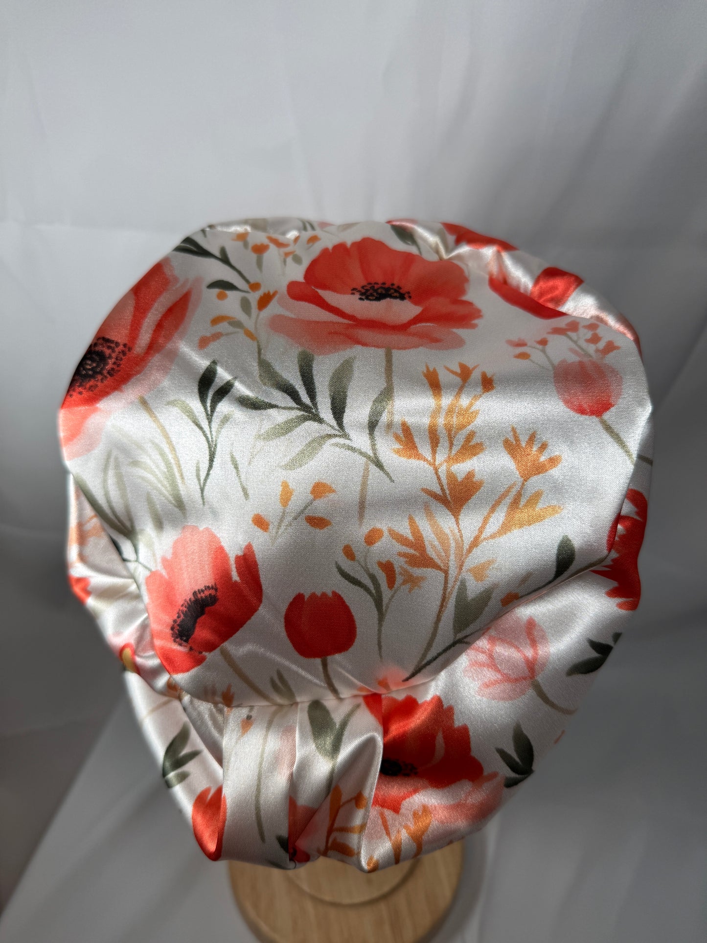 Poppies on White Silky Satin Charmeuse Scrub Cap - European Style