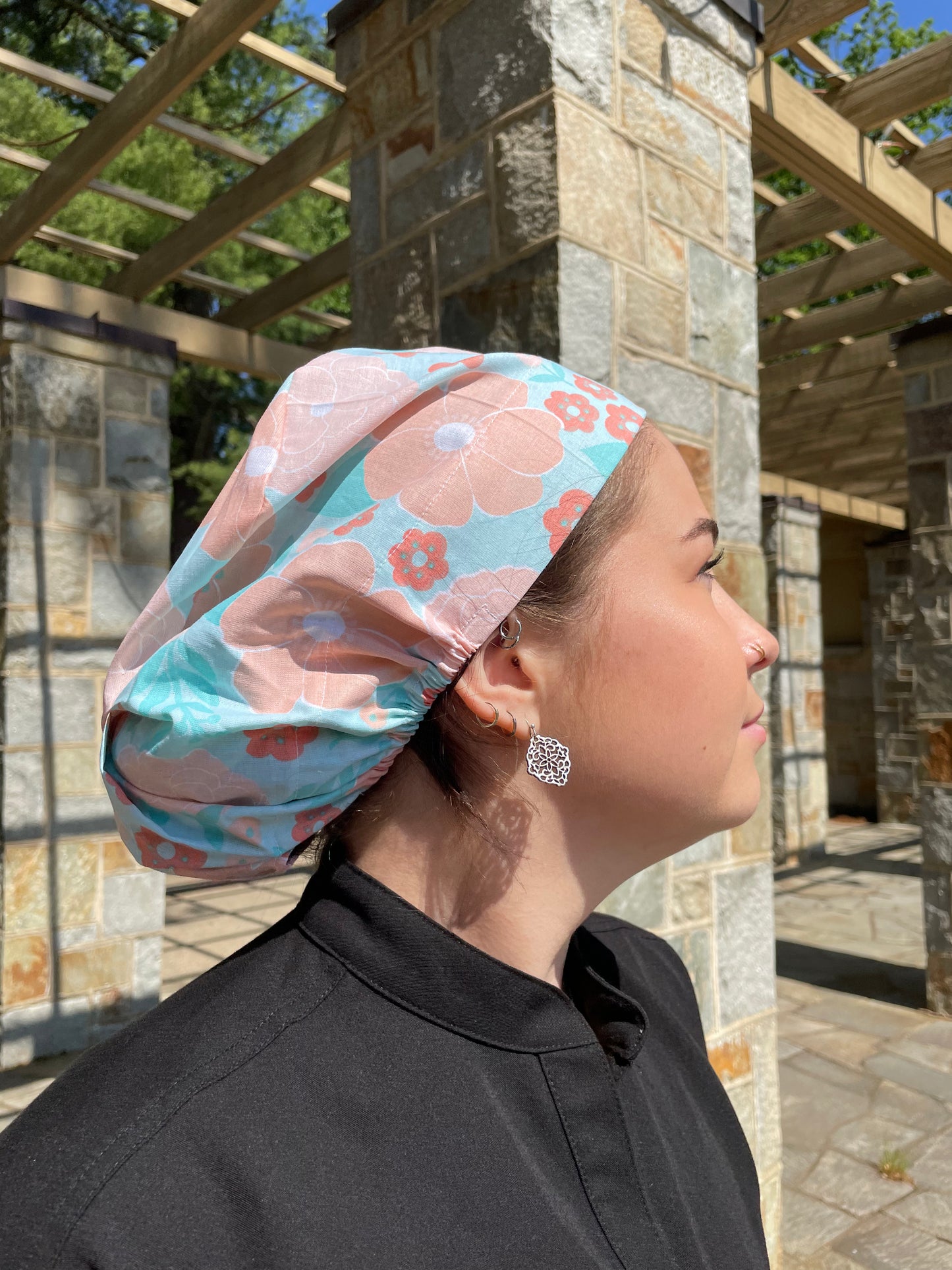 Aqua and Peach Floral Scrub Cap -Satin Lining Available -  Multiple Styles