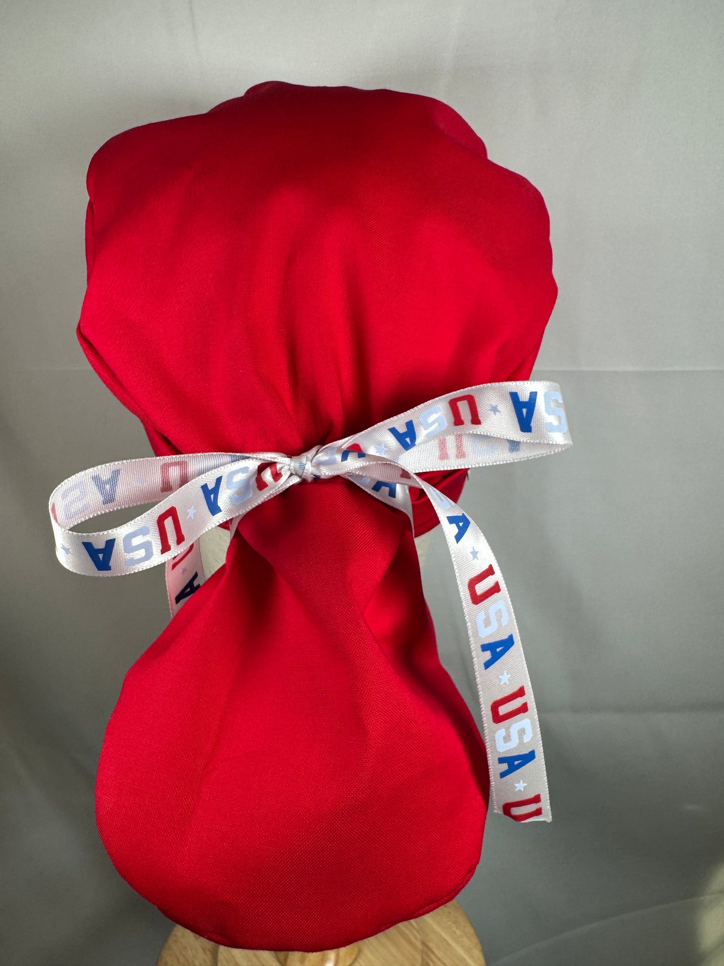USA Ribbon Pony Tail Scrub Cap in Red or Blue Fabric - Satin Lining Available