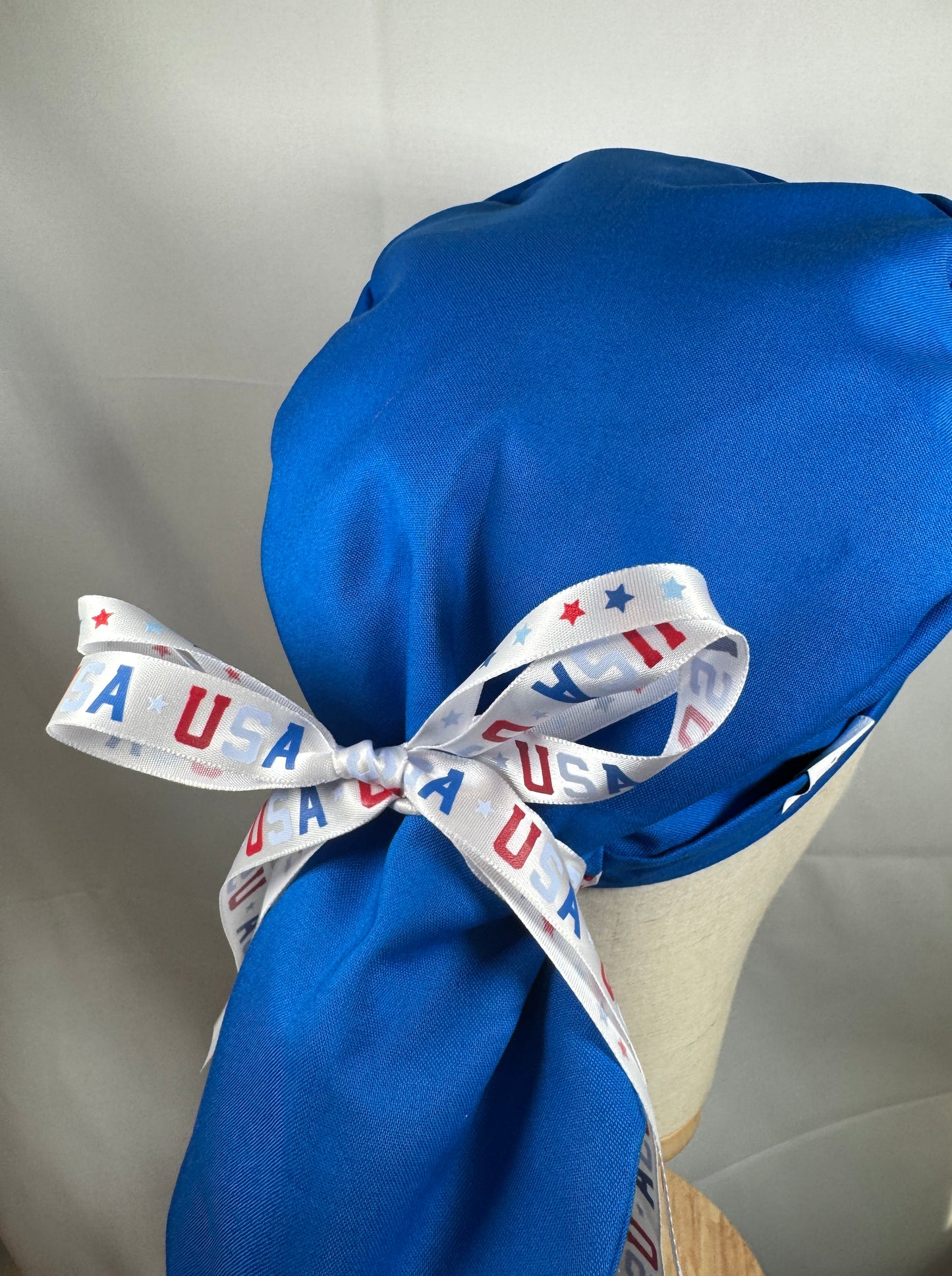 USA Ribbon Pony Tail Scrub Cap in Red or Blue Fabric - Satin Lining Available