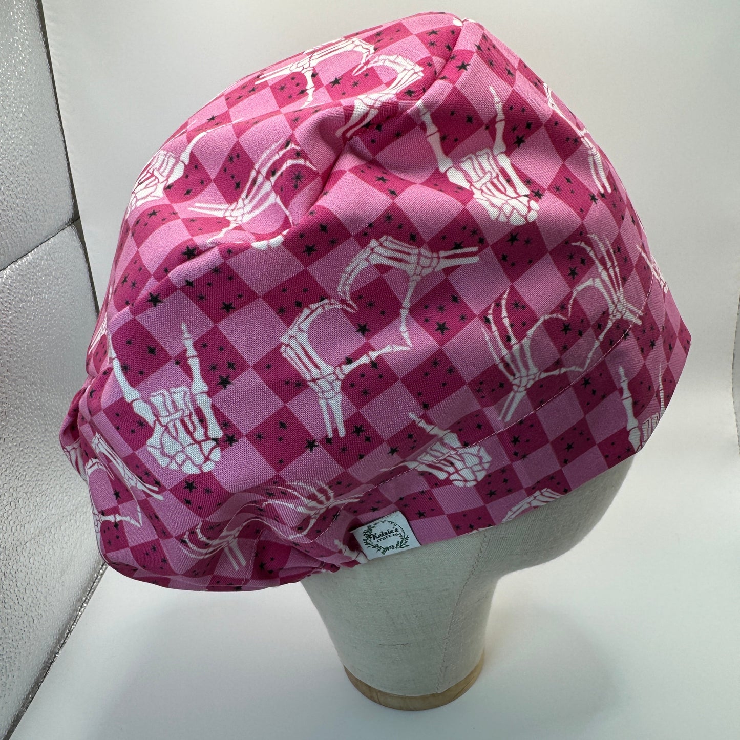 Pink Checkered Skeleton Hands Scrub Cap - Satin Lining Available - Multiple Styles
