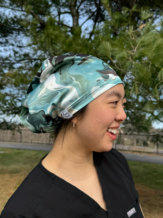 Green Oil Silky Satin Charmeuse Scrub Cap - European Style