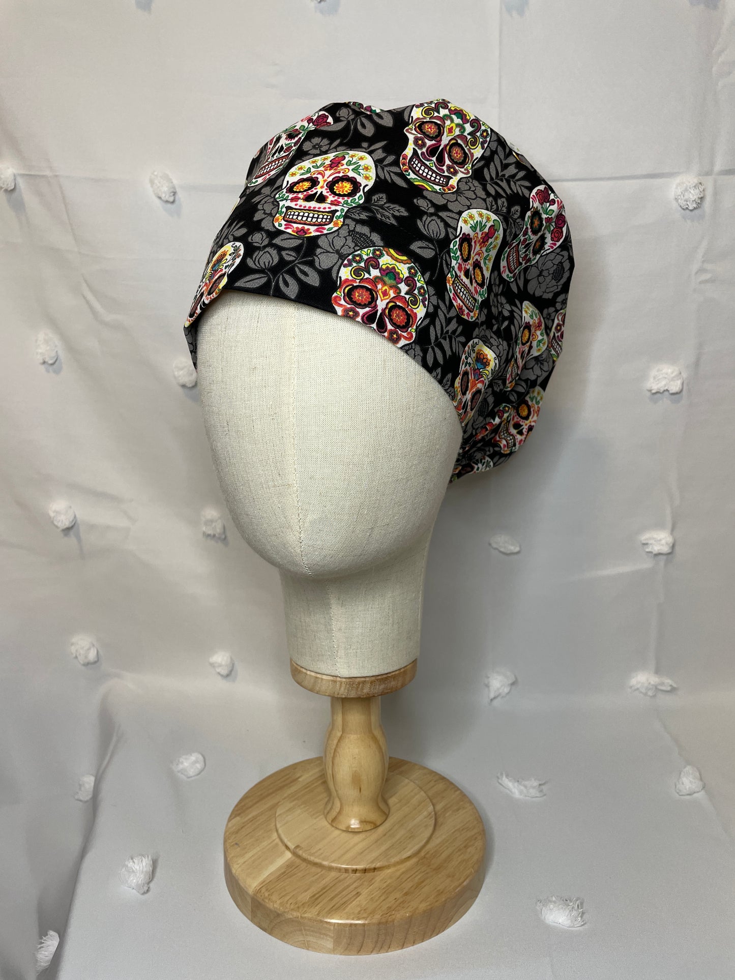 Sugar Skulls on Black Scrub Cap - Satin Lining Available - Multiple Styles