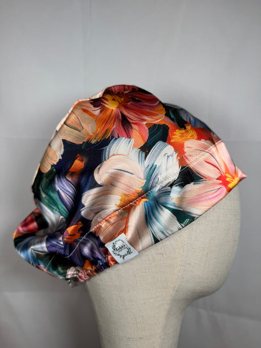 Painted Floral Silky Satin Charmeuse Scrub Cap - European Style