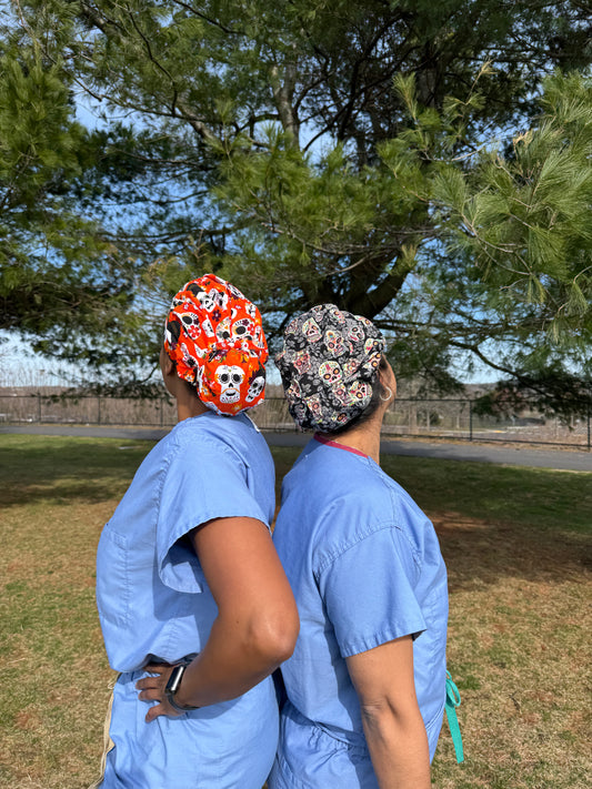 Sugar Skulls on Orange Scrub Cap - Satin Lining Available - Multiple Styles*