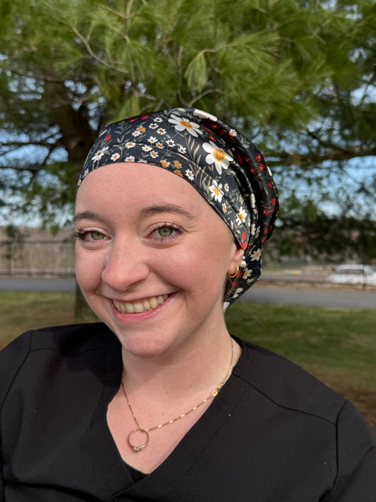Dark Green Daisy Silky Satin Charmeuse Scrub Cap - European Style