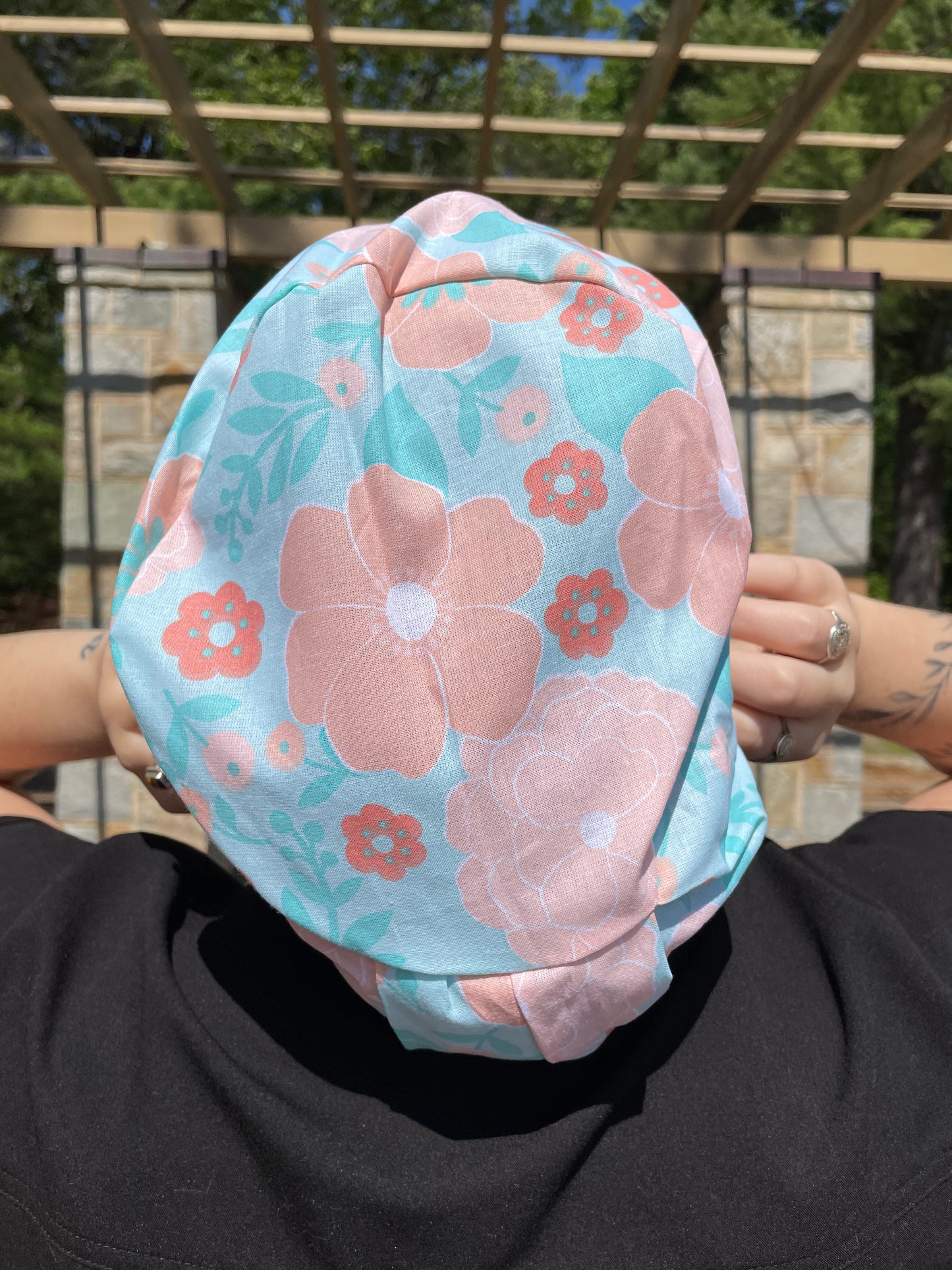 Aqua and Peach Floral Scrub Cap -Satin Lining Available -  Multiple Styles