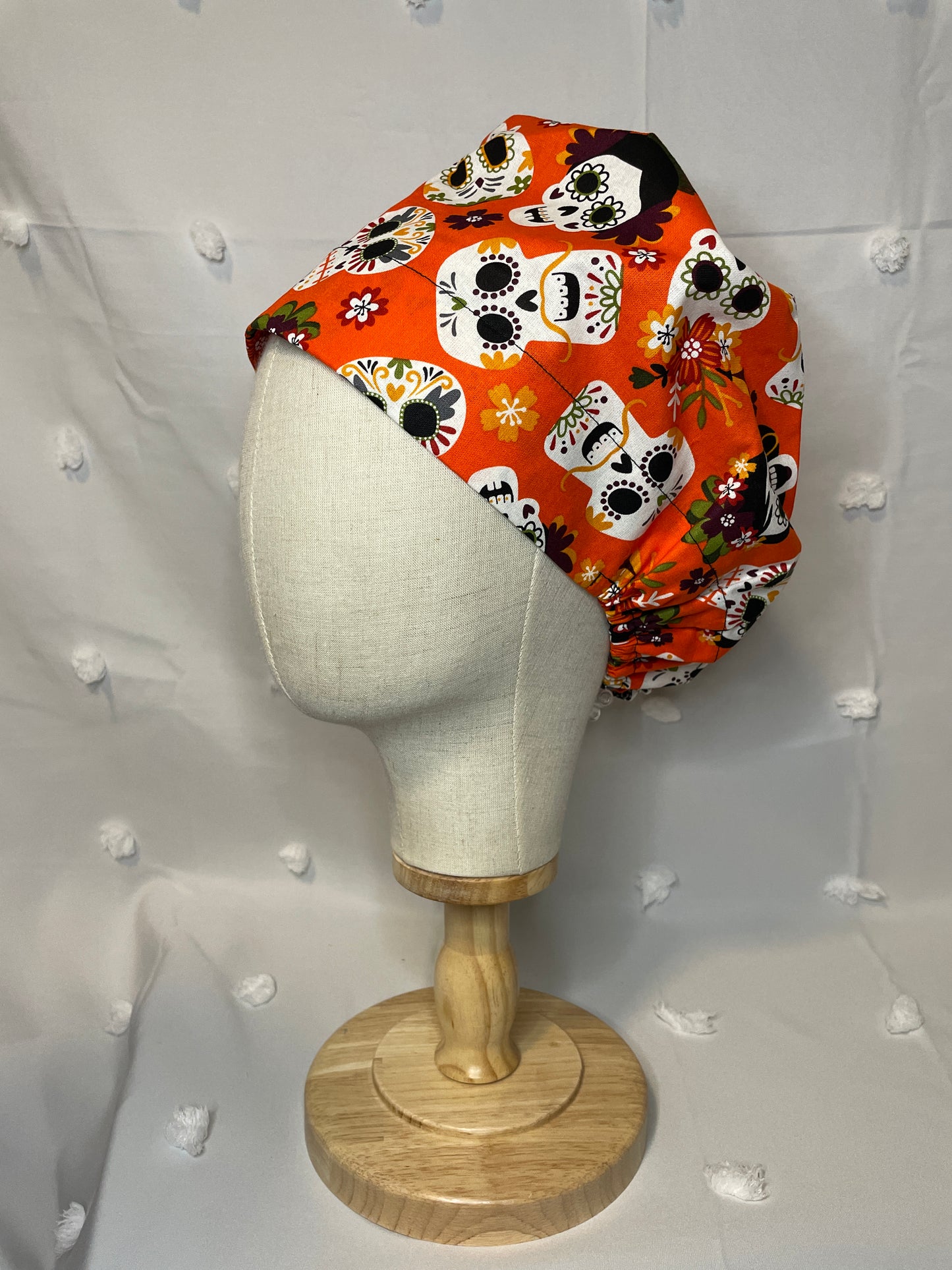 Sugar Skulls on Orange Scrub Cap - Satin Lining Available - Multiple Styles*
