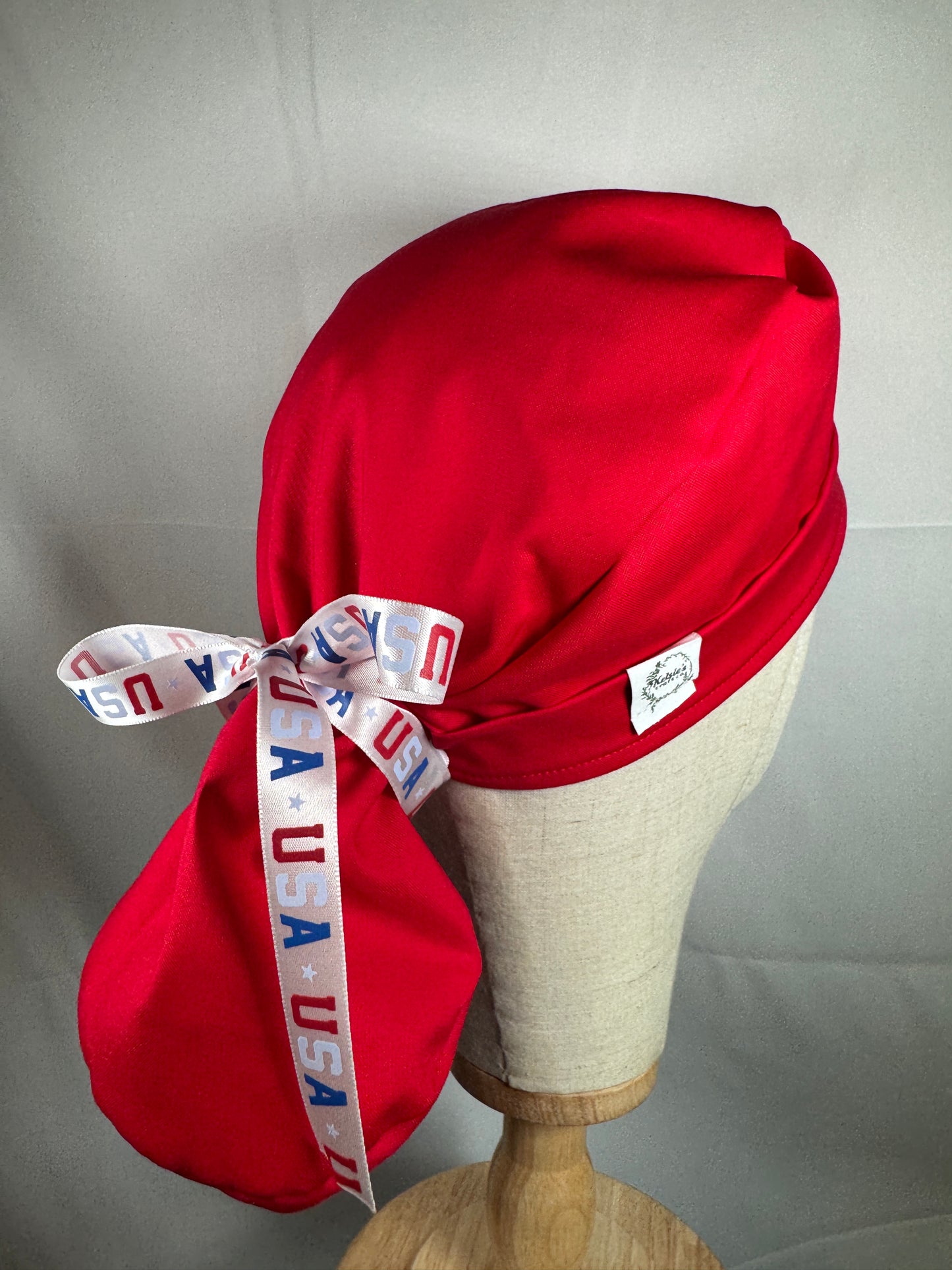 USA Ribbon Pony Tail Scrub Cap in Red or Blue Fabric - Satin Lining Available
