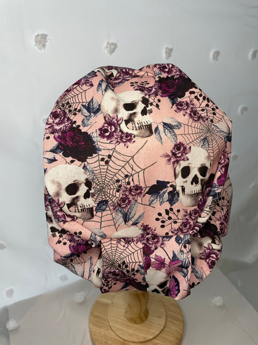 Skulls & Floral on Pink Scrub Cap - Satin Lining Available - Multiple Styles