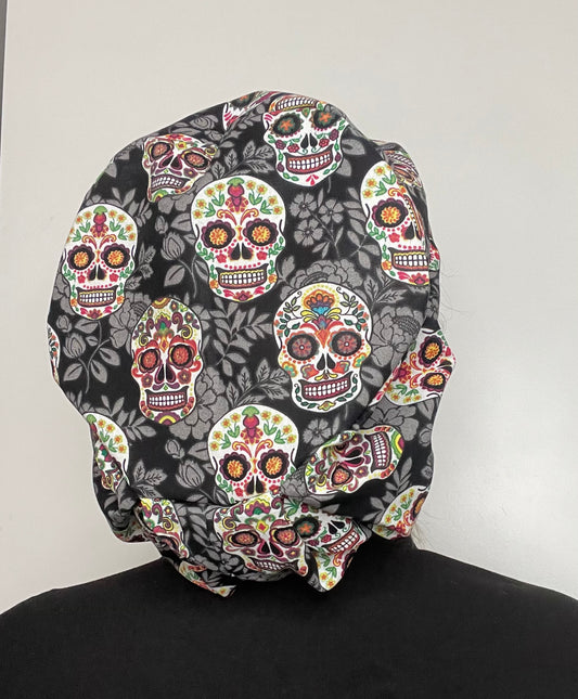 Sugar Skulls on Black Scrub Cap - Satin Lining Available - Multiple Styles