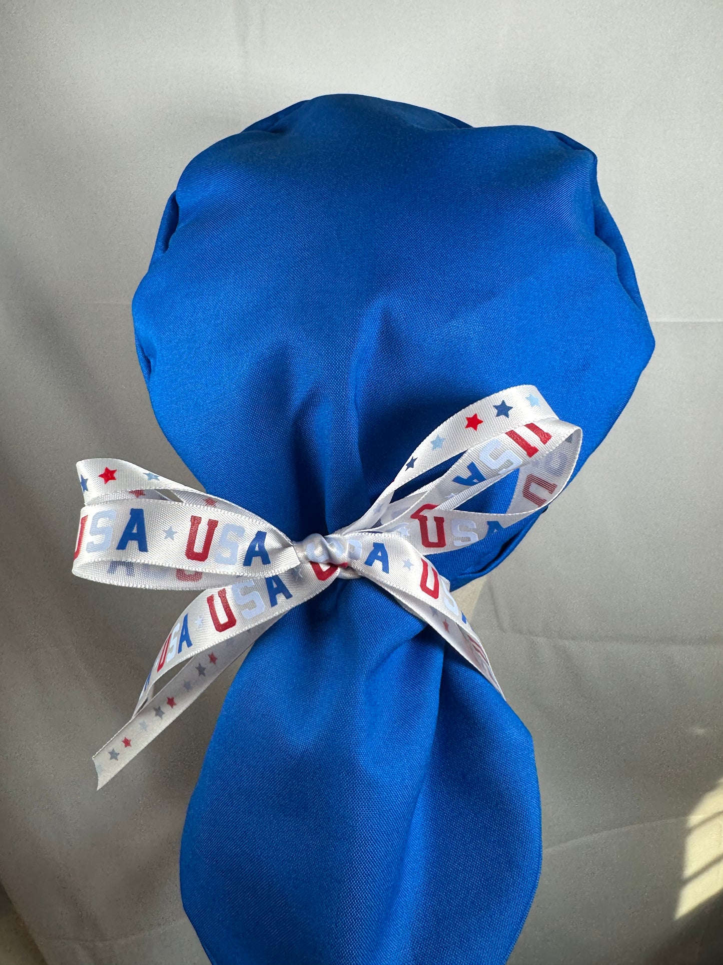 USA Ribbon Pony Tail Scrub Cap in Red or Blue Fabric - Satin Lining Available
