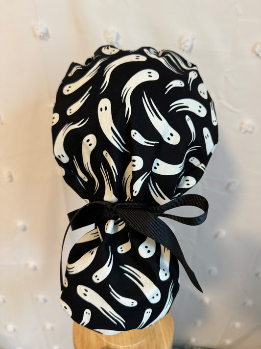 Wispy Ghosts on Black Scrub Cap - Glow In The Dark - Satin Lining Available - Multiple Styles