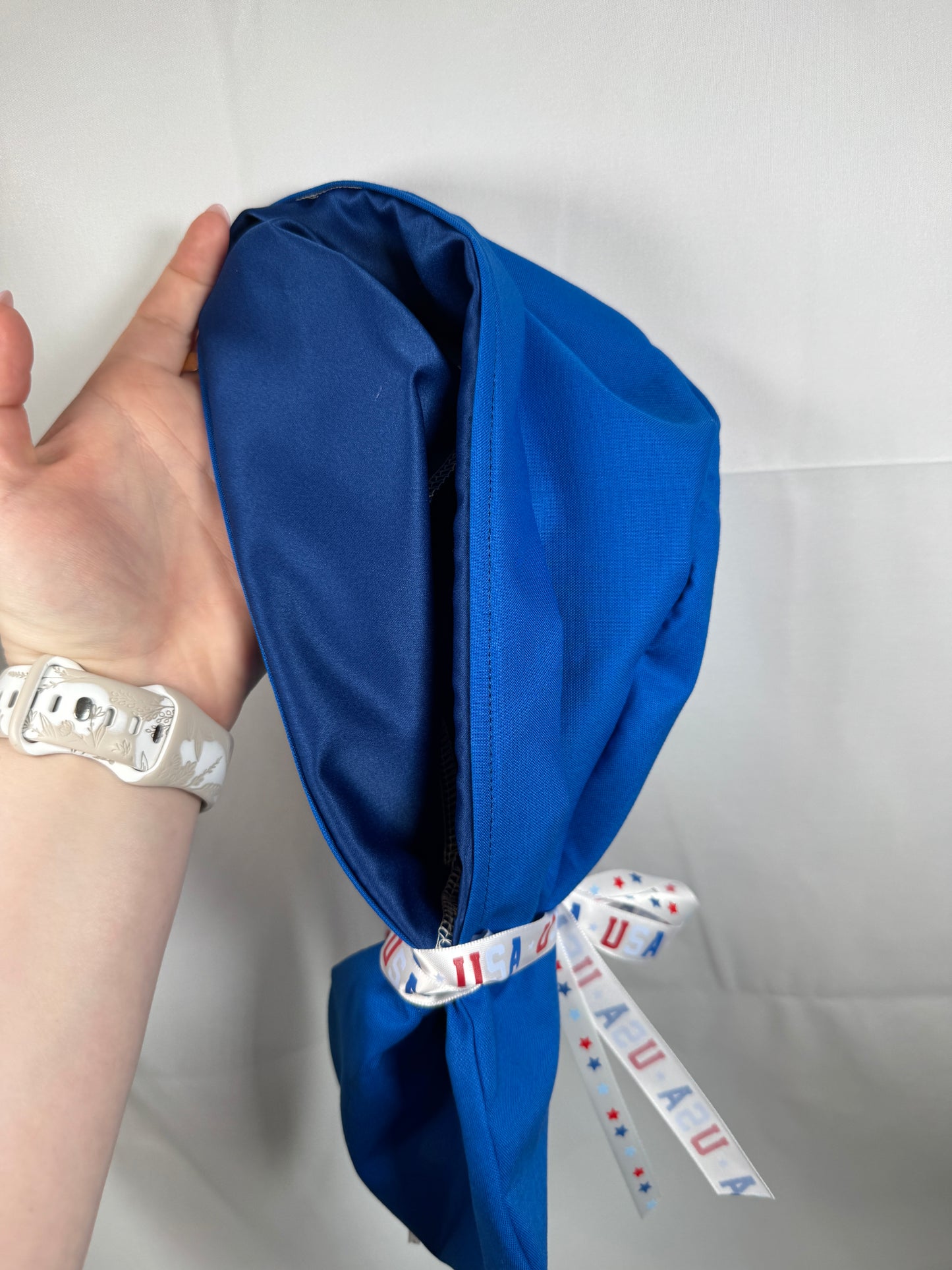 USA Ribbon Pony Tail Scrub Cap in Red or Blue Fabric - Satin Lining Available