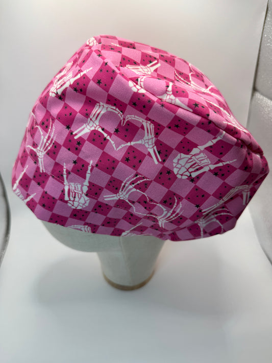 Pink Checkered Skeleton Hands Scrub Cap - Satin Lining Available - Multiple Styles