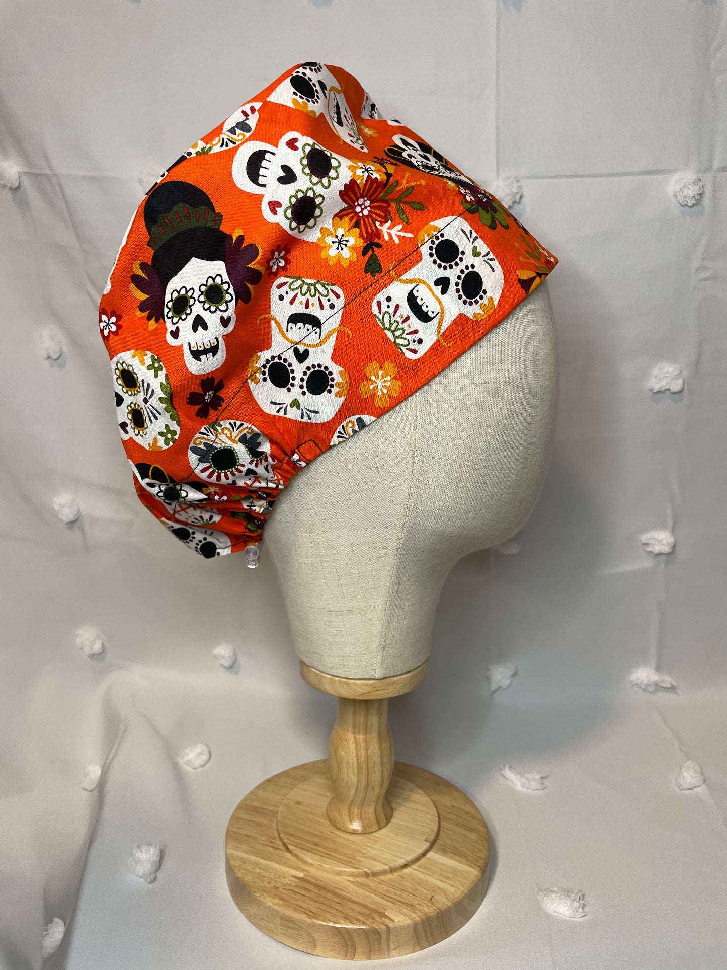 Sugar Skulls on Orange Scrub Cap - Satin Lining Available - Multiple Styles*