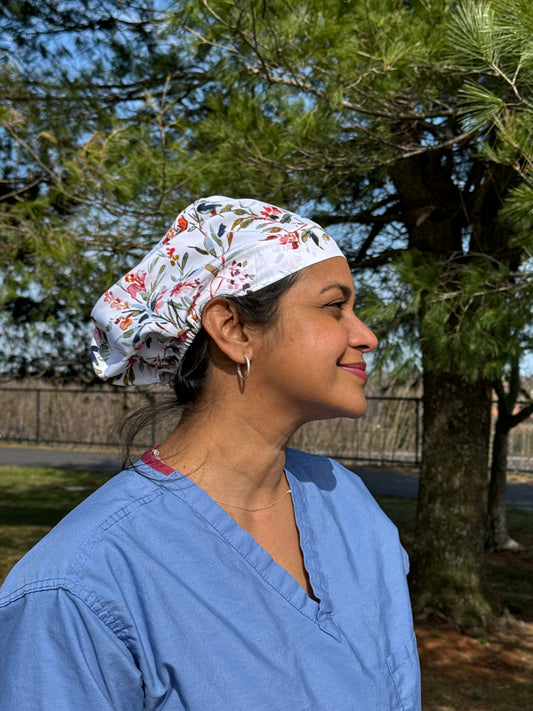 Light Floral Silky Smooth Chiffon Stretch Scrub Caps - European Style