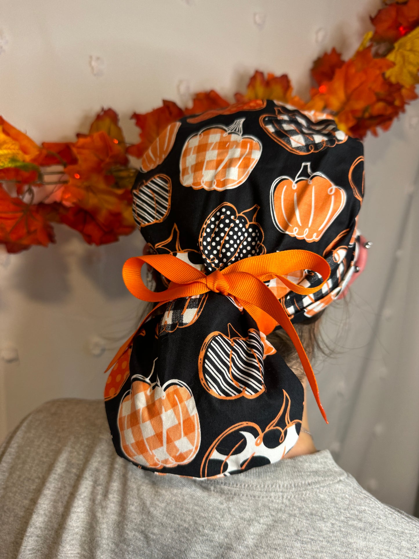 Patchwork Pumpkins On Black Scrub Cap - Satin Lining Available - Multiple Styles