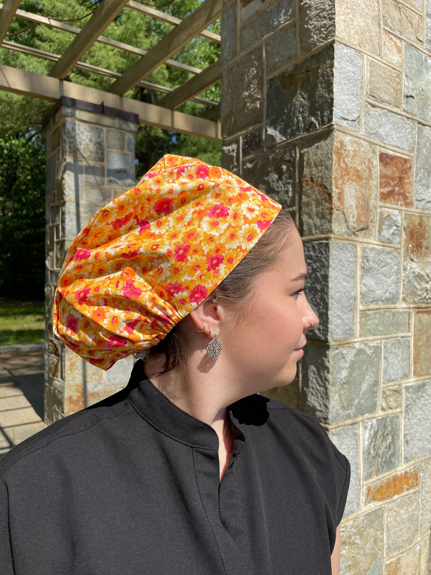 Orange Floral Scrub Cap - Satin Lining Available - Multiple Styles