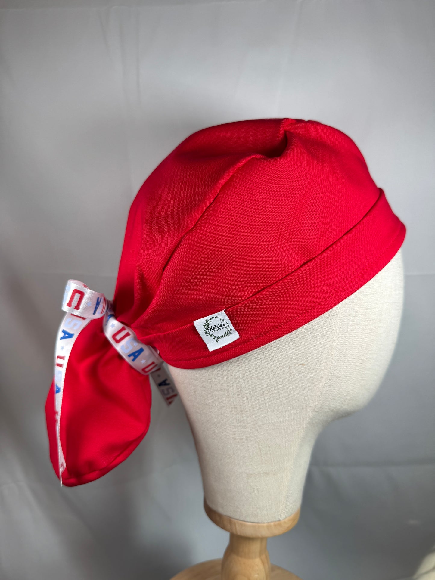 USA Ribbon Pony Tail Scrub Cap in Red or Blue Fabric - Satin Lining Available