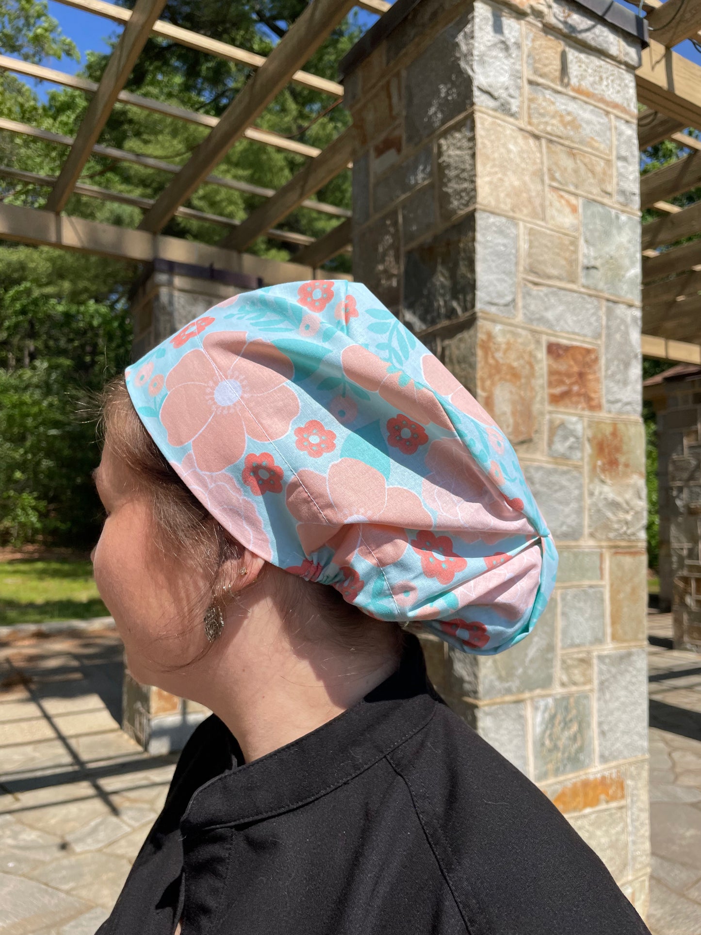 Aqua and Peach Floral Scrub Cap -Satin Lining Available -  Multiple Styles