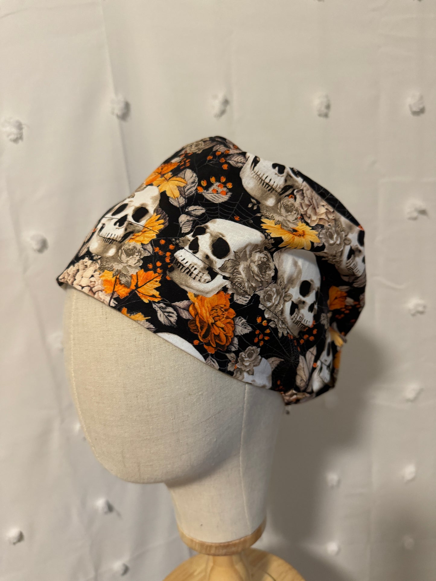 Orange & Black Skulls & Floral Scrub Cap - Satin Lining Available - Multiple Styles