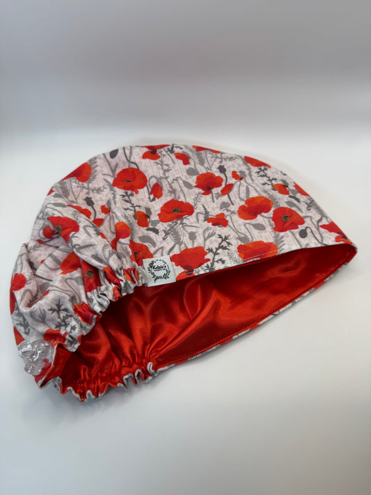 Poppies on White Scrub Cap - Satin Lining Available - Multiple Styles
