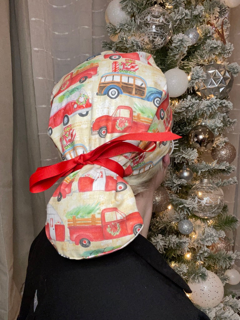 Holiday Trucks Scrub Cap - Pony Tail Style