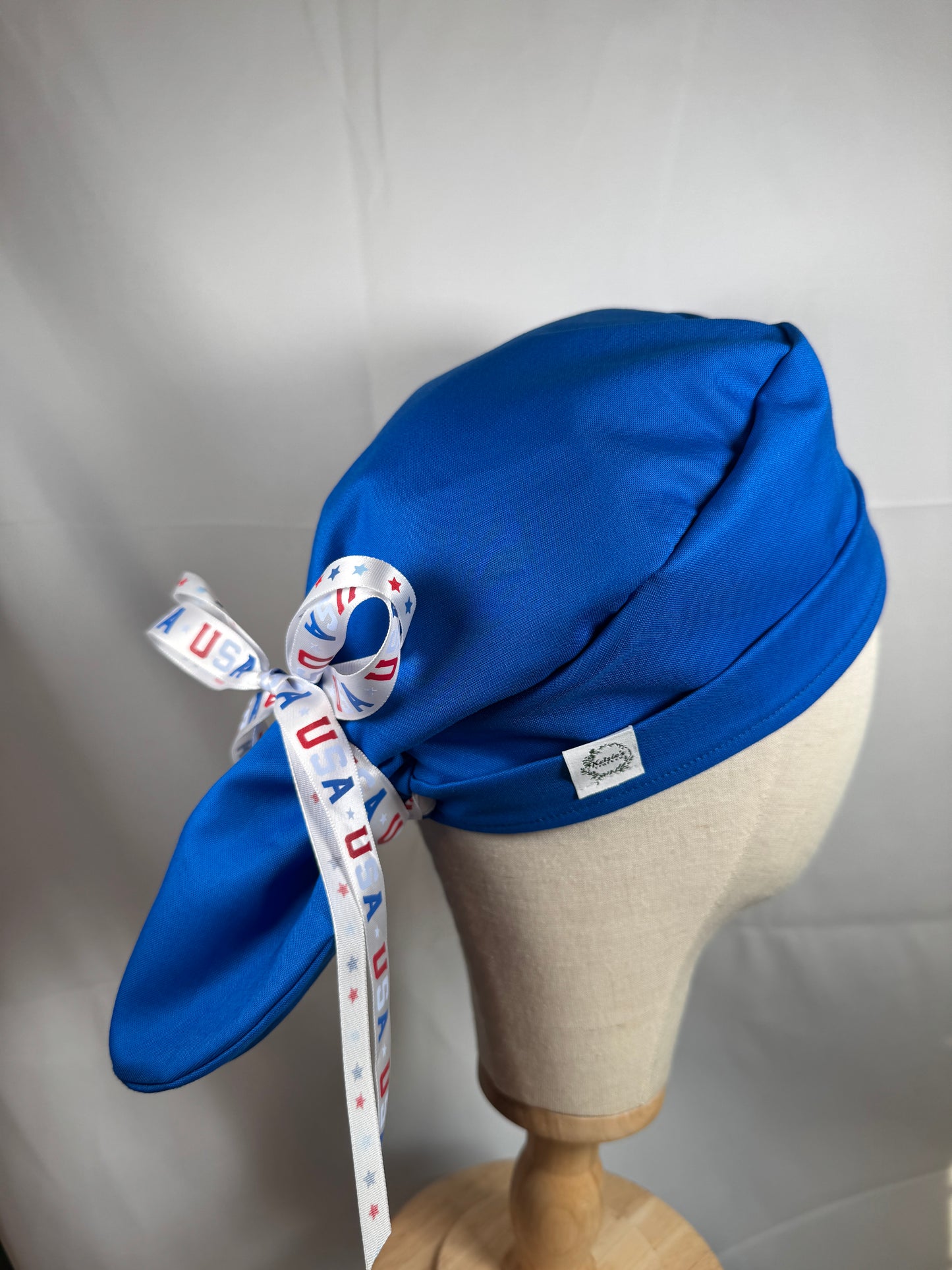 USA Ribbon Pony Tail Scrub Cap in Red or Blue Fabric - Satin Lining Available