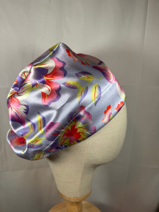 Light Purple Floral Textured Satin Charmeuse Scrub Cap - European Style