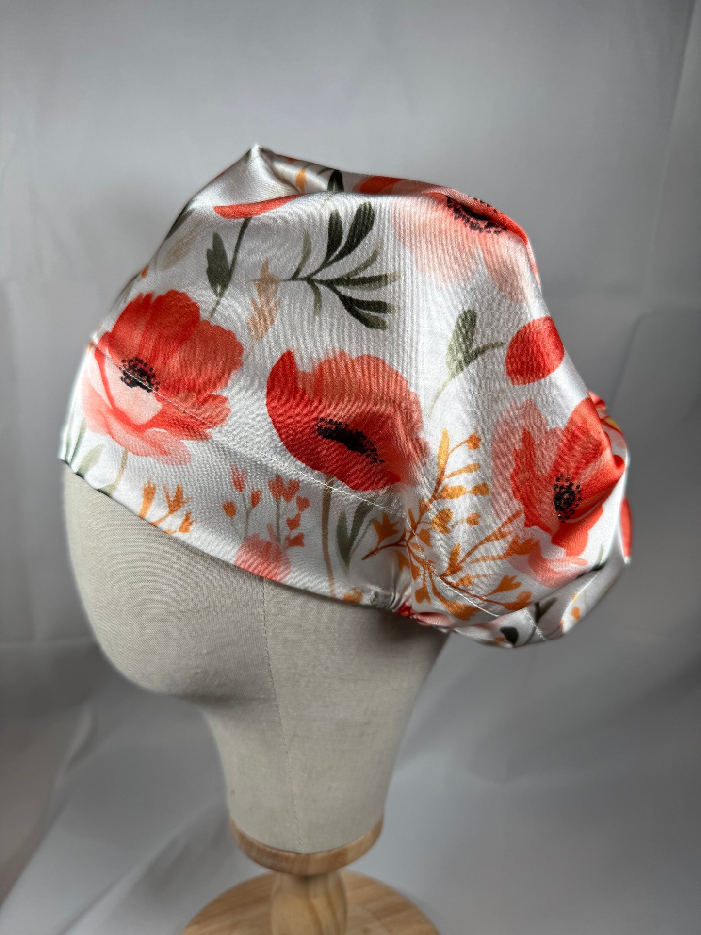 Poppies on White Silky Satin Charmeuse Scrub Cap - European Style