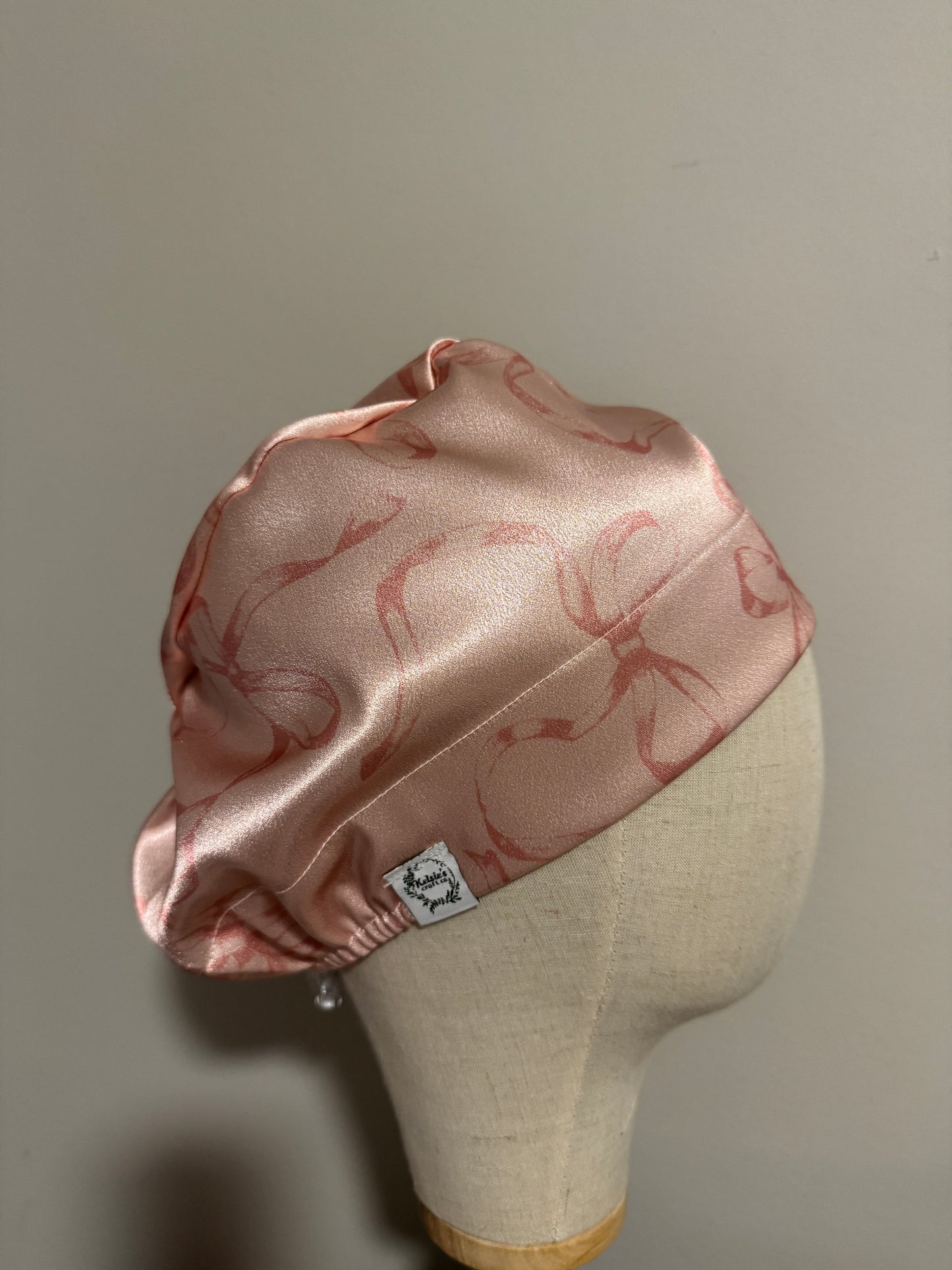 Large Pink Bows Silky Textured Satin Charmeuse Scrub Cap - European Style