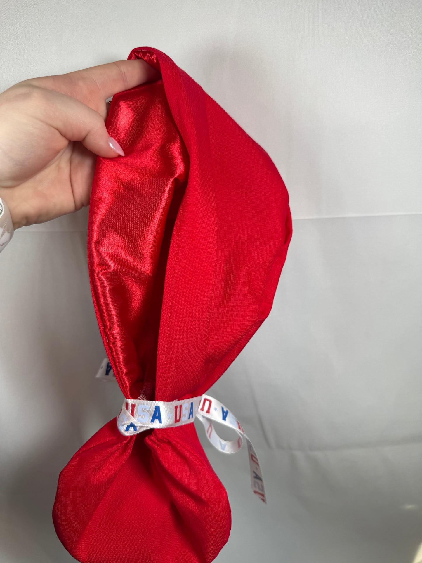 USA Ribbon Pony Tail Scrub Cap in Red or Blue Fabric - Satin Lining Available