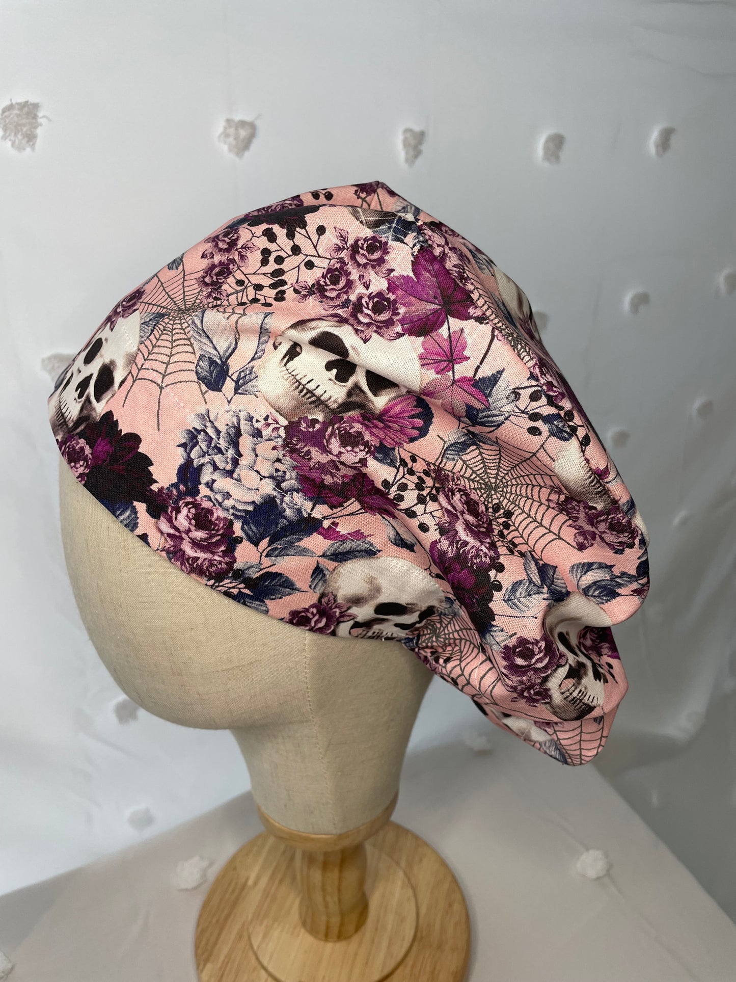Skulls & Floral on Pink Scrub Cap - Satin Lining Available - Multiple Styles