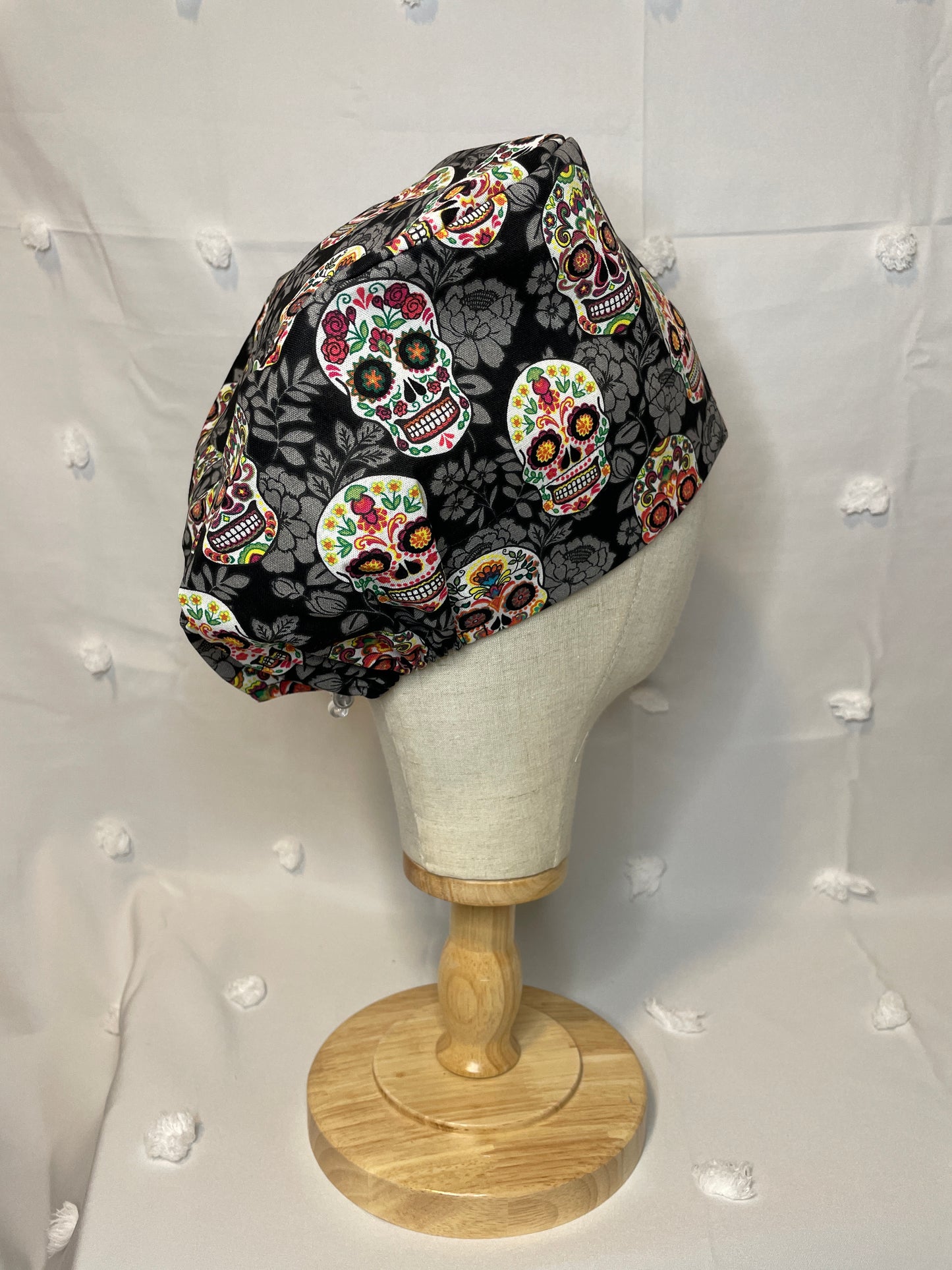 Sugar Skulls on Black Scrub Cap - Satin Lining Available - Multiple Styles