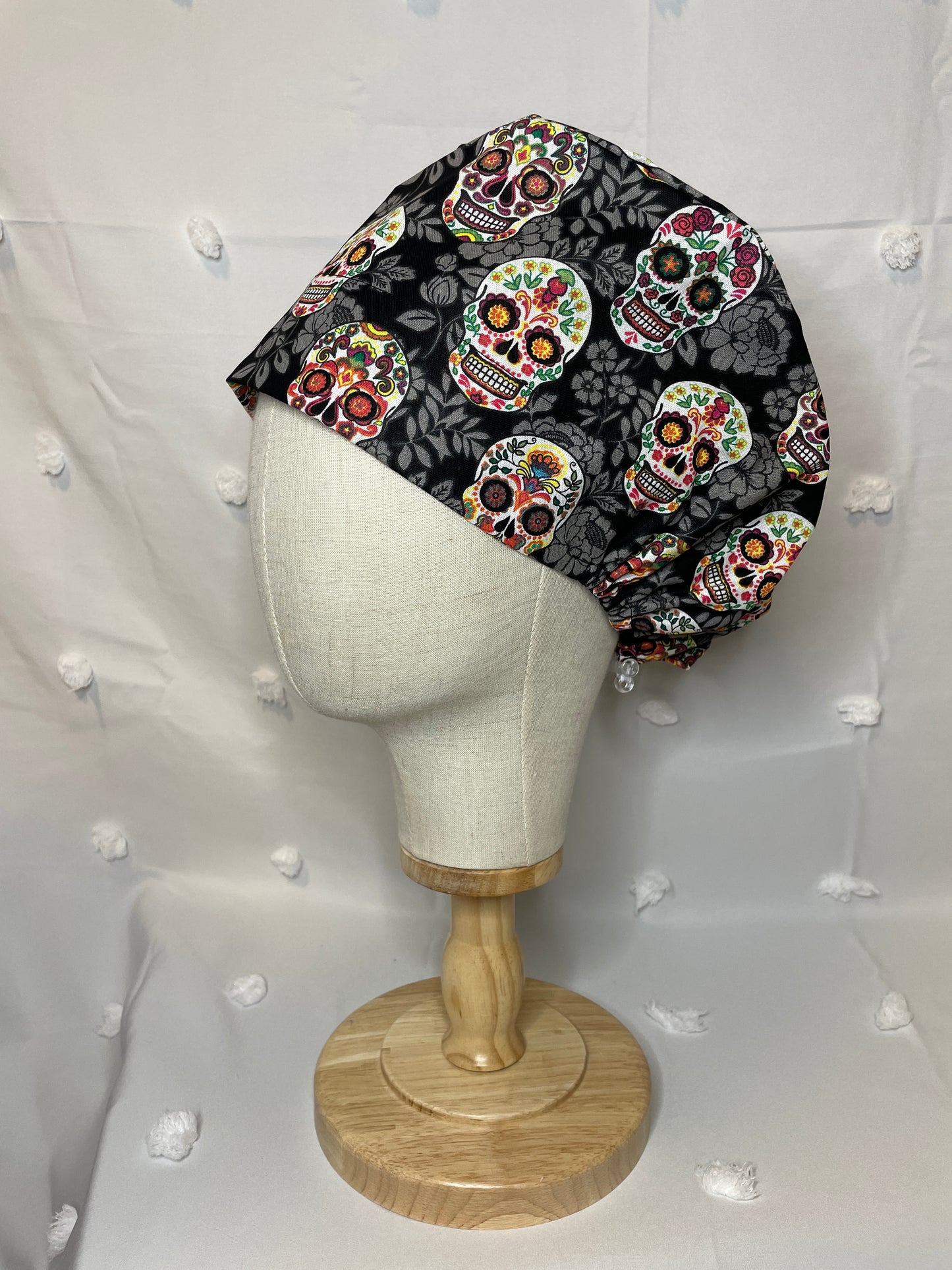 Sugar Skulls on Black Scrub Cap - Satin Lining Available - Multiple Styles
